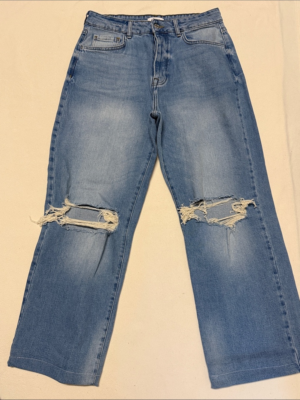 Forever 21 Light Blue Wide/Straight-Leg Distressed Jeans (Altered)